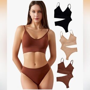 NEW Scacto Women's 3 Pack Wireless Ribbed Knit Bra and Panty Set